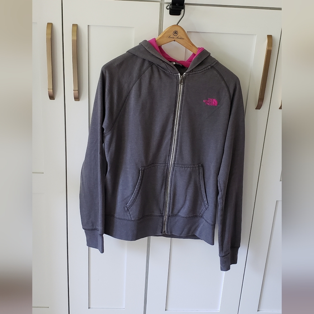 The North Face Hoodie Womens XL Gray Pink Full Zip Y2K Fleece Sporty Sweatshirt
